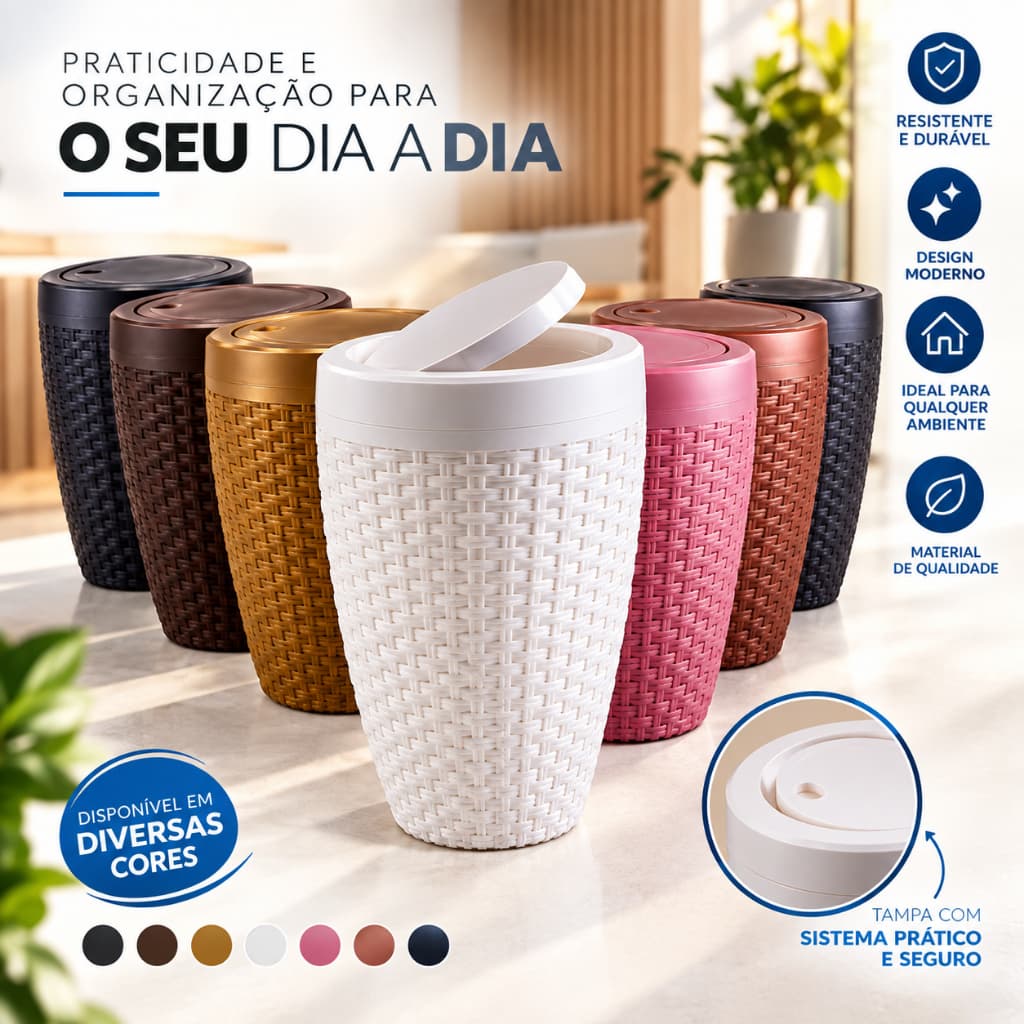 Cesto Rattan Organizador com Tampa e Design de Trama Banheiro Cozinha Pia Aquaplas 7,5L