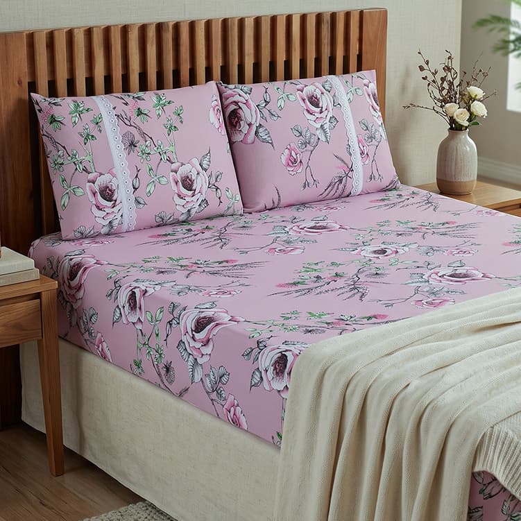 3 Peças Jogo Lençol Casal Estampado Malha 100% Algodão Com Elástico E 2 Fronhas Com Zíper Cama De Casal