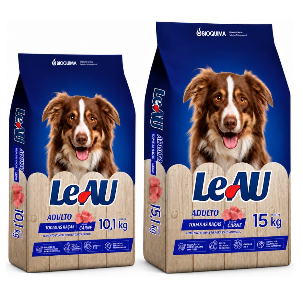 Ração para Cachorro LeAU Cães Adultos 18% Proteína Sabor Carne 10kg ou 15kg Alimento Completo