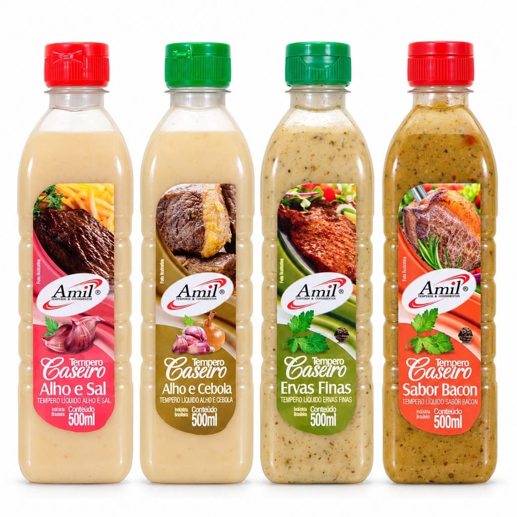 Kit Temperos da Semana Amil Tempero Líquido 500ml 4 Sabores Alho e Sal Cebola Ervas Finas Bacon