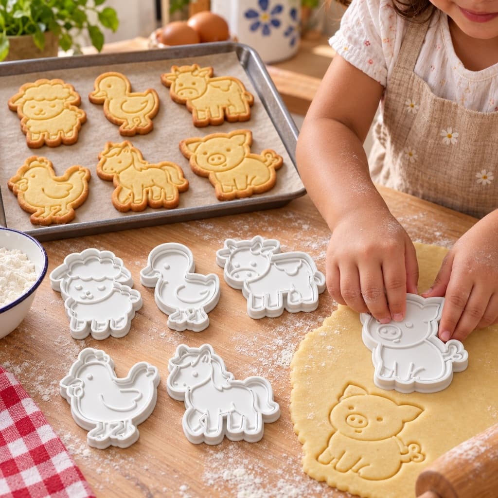 Kit 6 Cortadores de Biscoito 3D Fazendinha 6cm Marcador Carimbo Pasta Americana Cookie Massinha de Modelar Escolar
