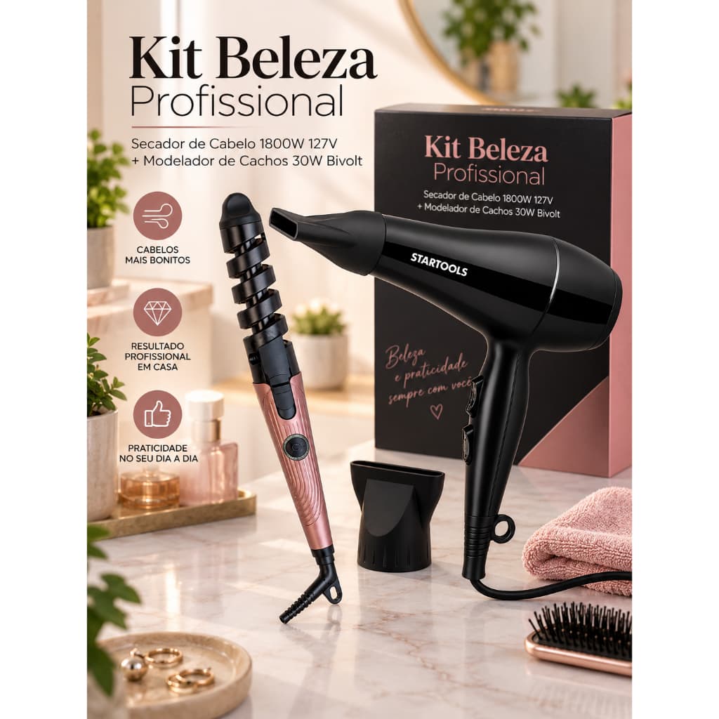Kit Beleza  Profissional Secador de Cabelo 1800W 127V + Modelador de Cachos de Cabelo 30W Bivolt