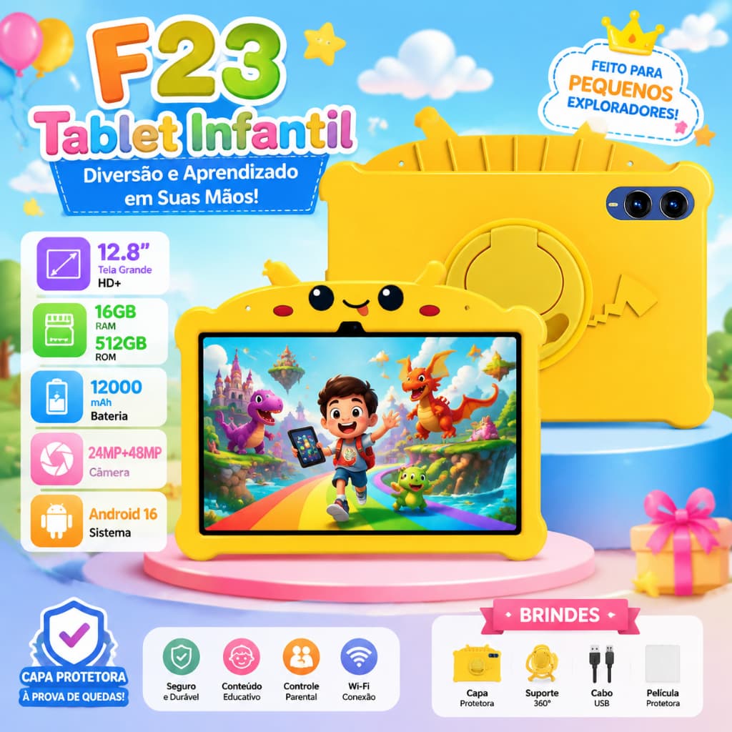 Tablet Infantil F23 Tela 12.8" HD+ 16GB+512GB Bateria 12000mAh Câmera 48MP Android 16 Capa Antiqueda Controle dos Pais