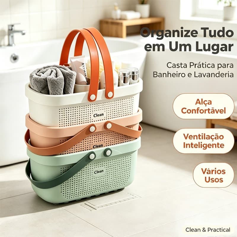 Cesto Organizador Banheiro Multicores Cesta Portátil com Alça, Empilhável, Armazenamento de Produtos de Higiene