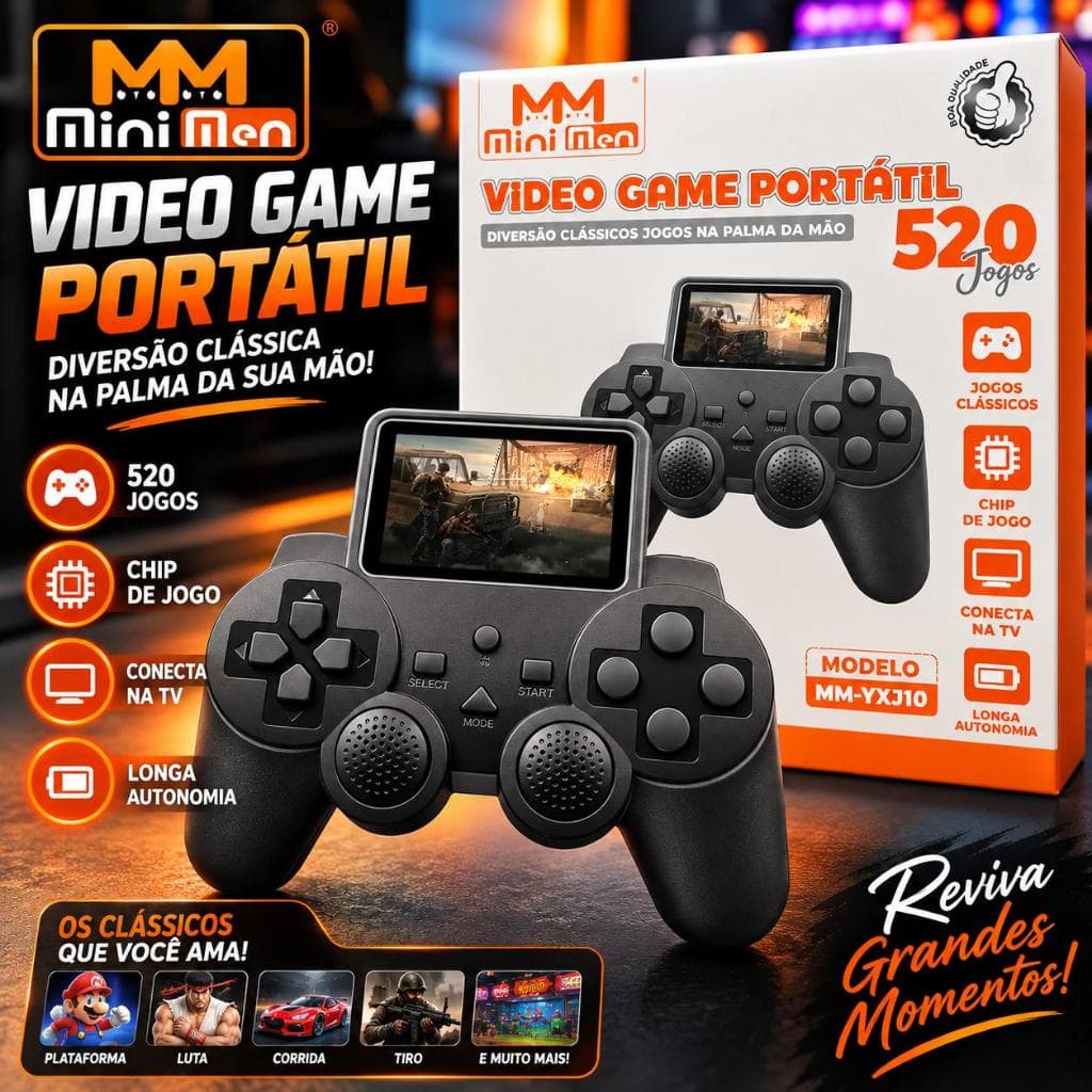 Vídeo Game Portátil Retrô 520 Jogos Clássicos Controle com Tela Colorida Recarregável e Cabo AV