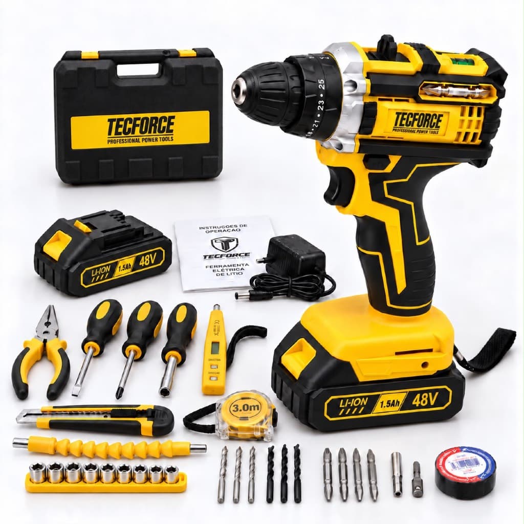Furadeira e Parafusadeira Sem Fio TecForce Kit com 2 Baterias Maleta e Acessórios
