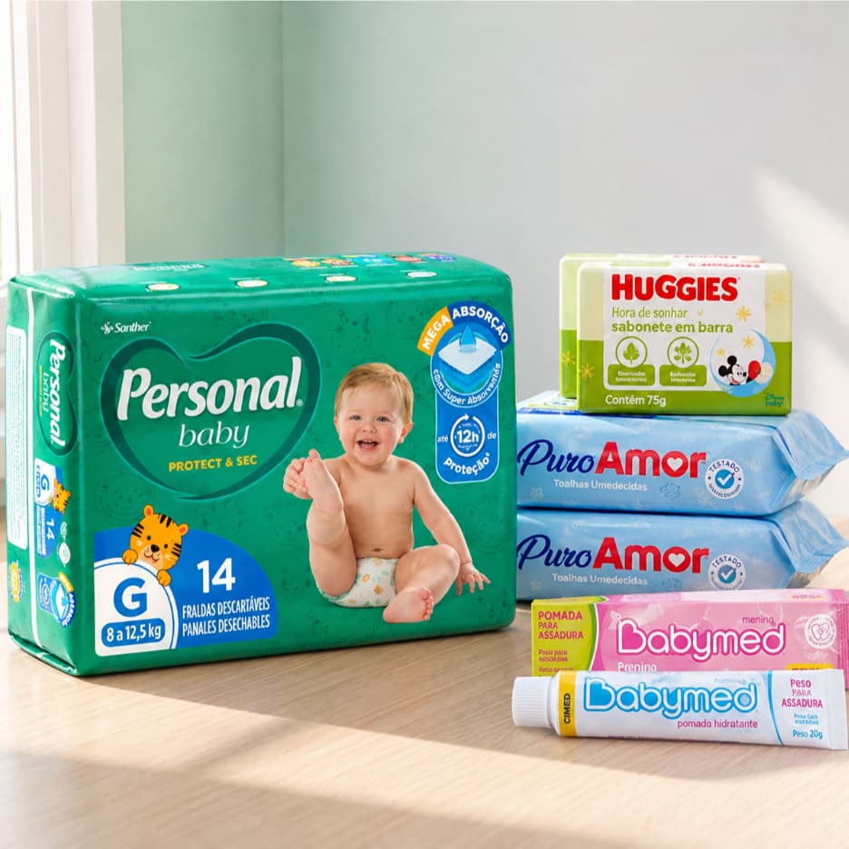 Kit Bebê 5 Pacotes Fralda Descartável Personal Baby + 2 sabonetes + 2 lenço umedecido + Pomada Assadura