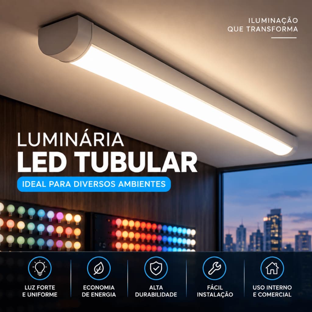 Luminária Tubular Sobrepor Led Slim Branco Frio 6000k a 6500k 120cm