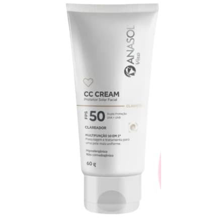 Protetor Solar Facial Anasol Viso CC Cream Claro/Medio FPS 50 Clareador Multifunção 10 em 1 Cobertura Leve 60g