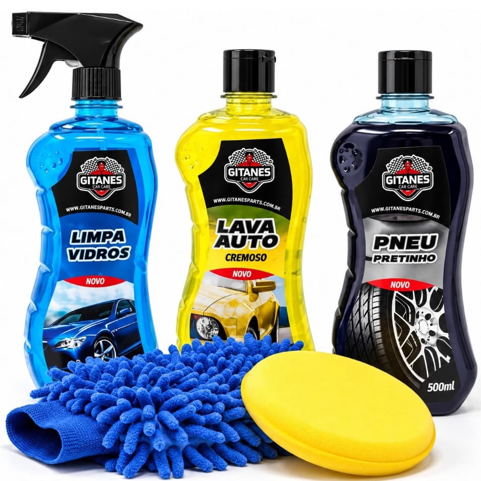 Kit Lavagem Auto Shampoo Pneu Pretinho Limpa Vidros Luva Microfibra Aplicador de Espuma Completo Carro Moto Brilho