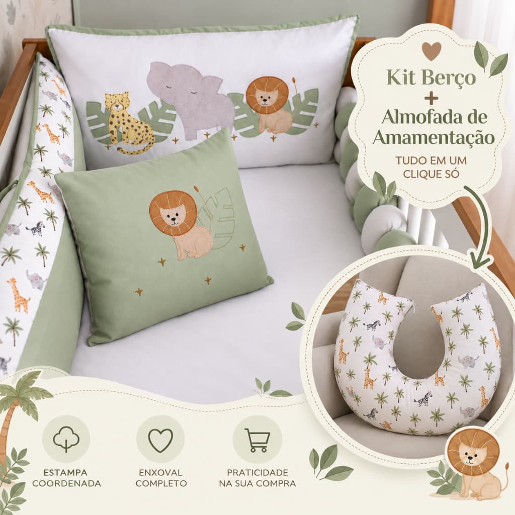 Kit Berço Menino Safari Completo + Almofada de Amamentação Grande 100% Algodão Enxoval Bebê 10 Peças