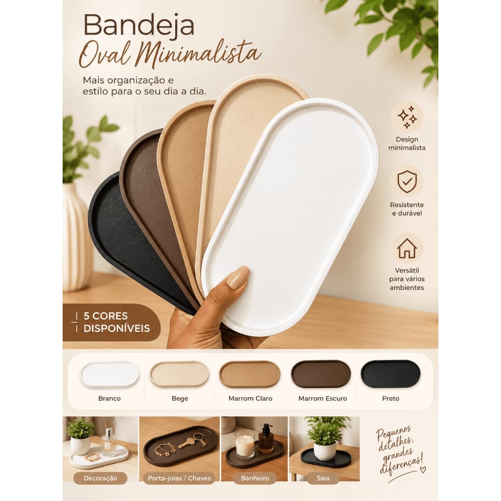 Bandeja Organizadora Oval Multiuso  Estilo Minimalista para Banheiro, Sala, Quarto, Escritório e Cozinha