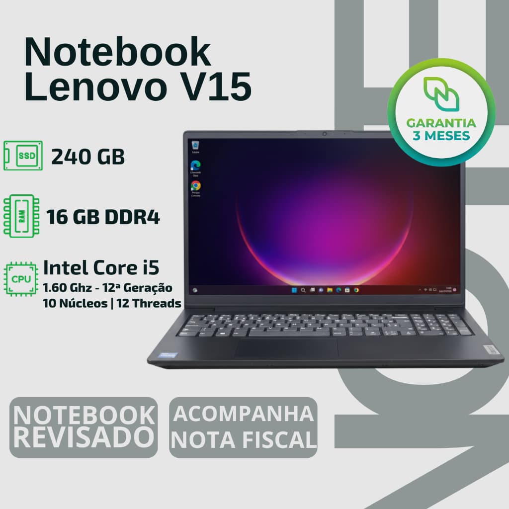 Notebook Lenovo V15 G3 Fhd I5 12a Ger. 16gb Ssd 240gb W11 - QUALIDADE TRABALHAR CONFIAVEL ESTUDO CORPORATIVO OFFICE