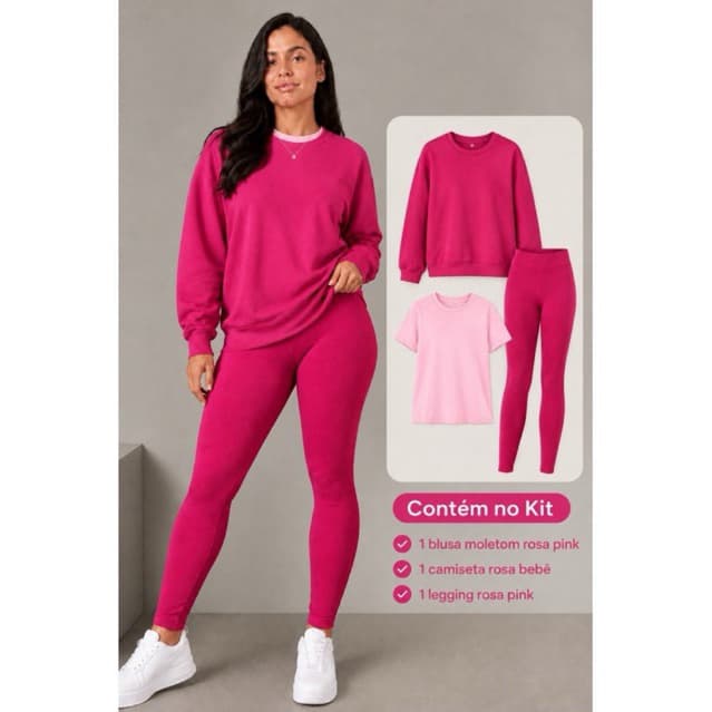 Conjunto Feminino 3 Peças Camiseta Blusa de Moletom e Legging