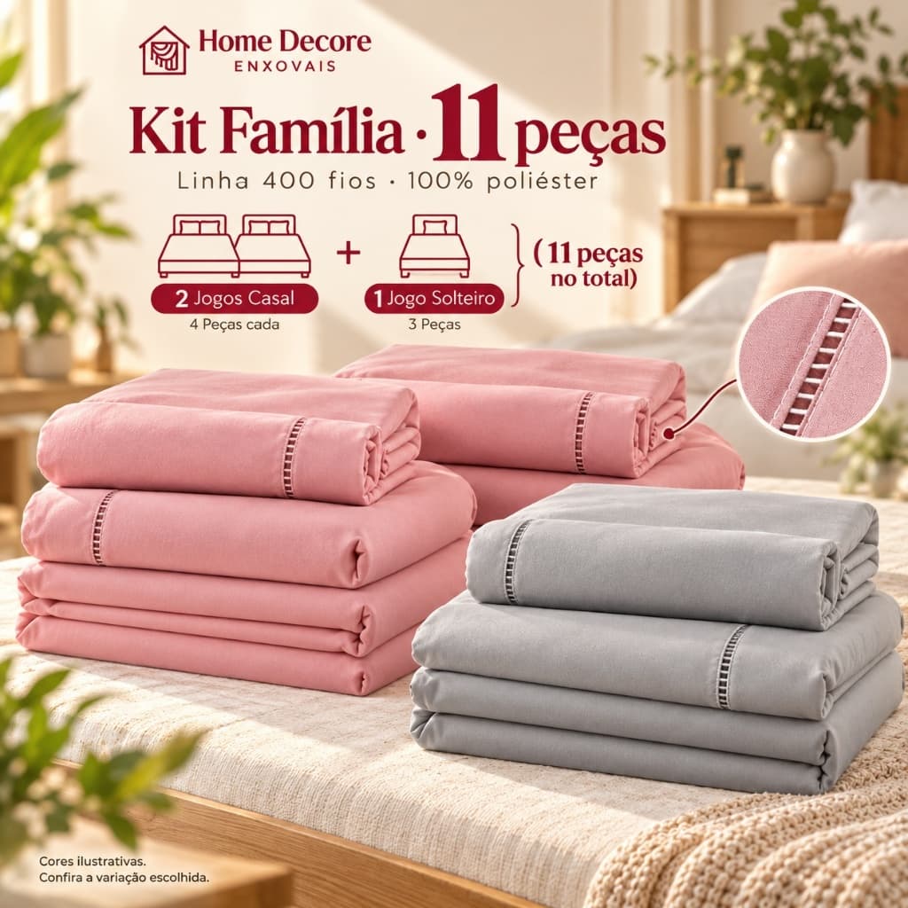 Kit Familia 2 Jogos Lençol Casal 4 Peças + Jogo Solteiro 3 Peças 400 Fios Aveludado Enxoval
