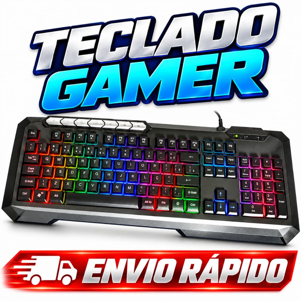 Teclado Gamer RGB USB ABNT2 Com Fio Preto Membrana 19 Teclas Anti-Ghosting Multimídia Cabo 1,5m Para PC e Mac e Notebook