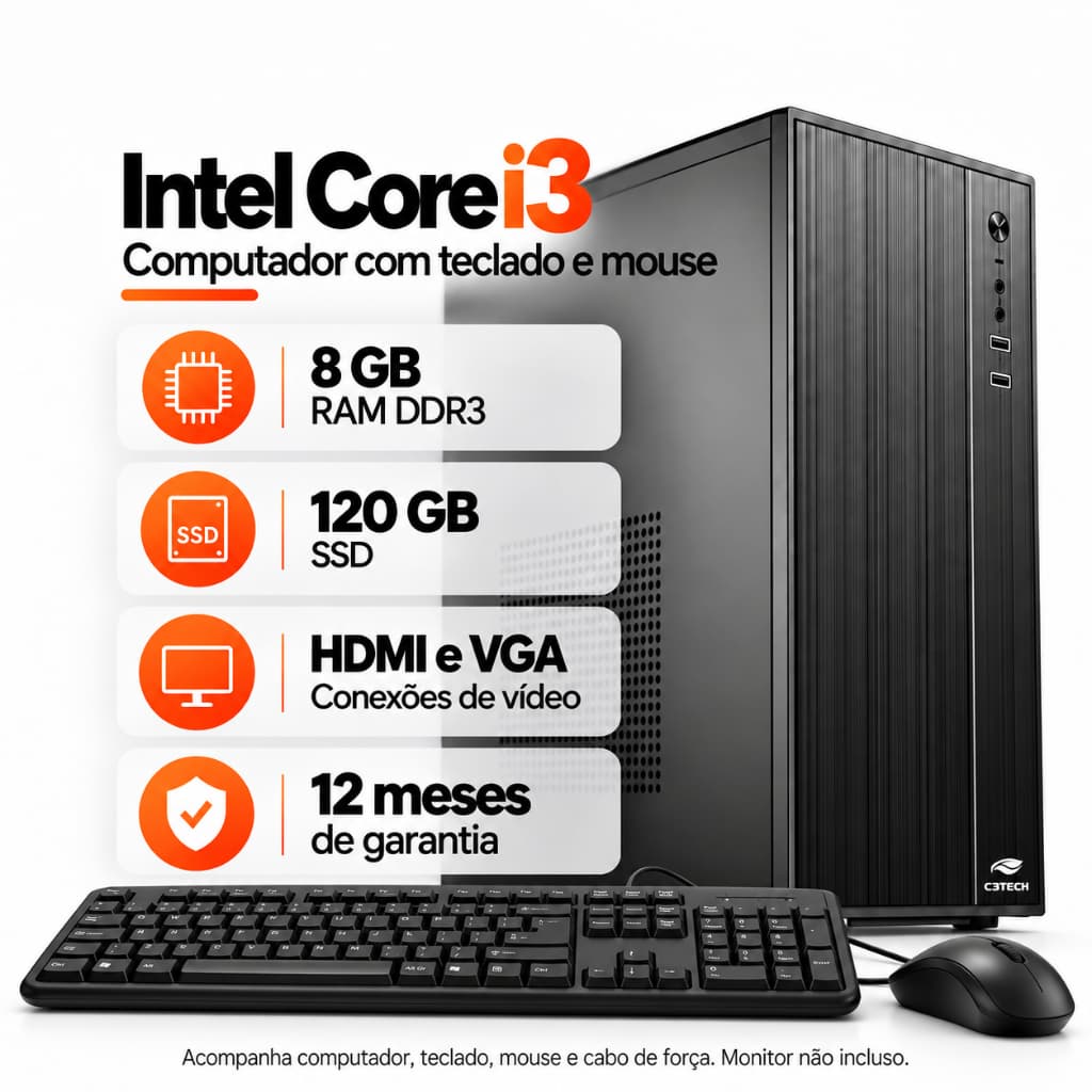 Computador Intel Core i3 8GB DDR3 SSD 120GB Teclado Mouse Windows 11 Trial Home Office Trabalho Estudos Desktop USB