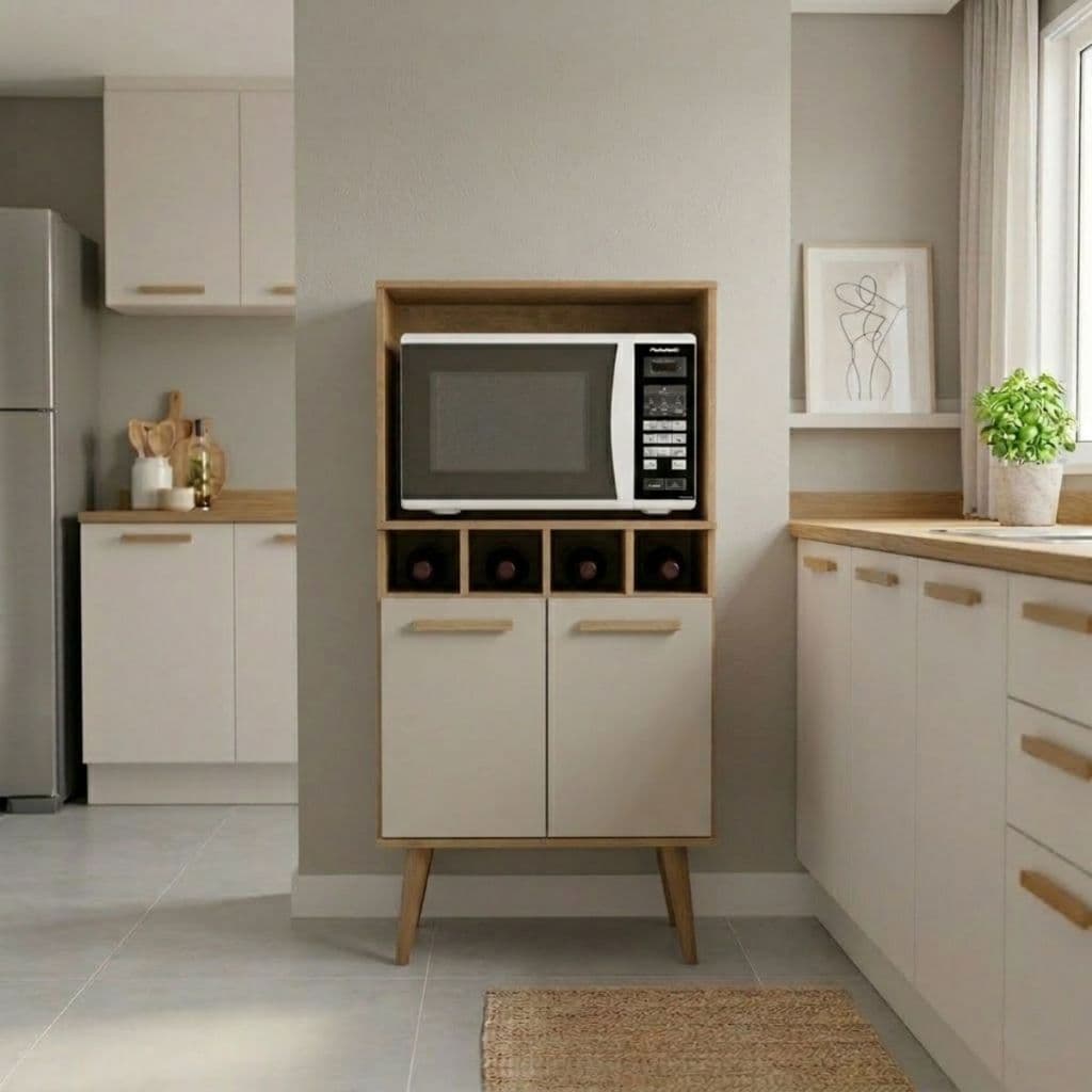 Armário Multiuso Retrô Moderno Clean Organizador de Cozinha para cozinha pequena Pés Palito 2 portas Freijó Off White