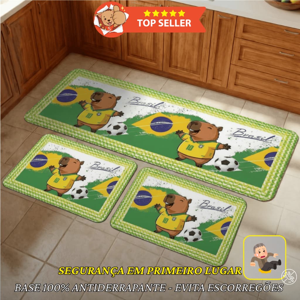 Kit Passadeira + 2 Tapetes Antiderrapante Copa do Mundo Estampa Brasil Torcida Futebol Cozinha Sala