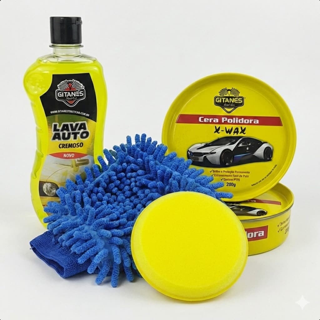 Kit Shampoo Lava Auto 500ml + Cera Polidora Cremosa 200g + Luva Microfibra + Aplicador Espuma Lavagem Limpeza Auto Carro