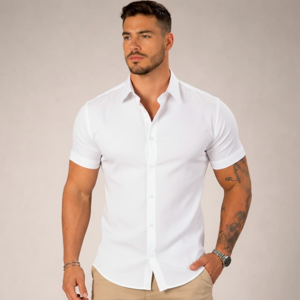 Camisa Social Slim Fit Premium Manga Curta Luxo