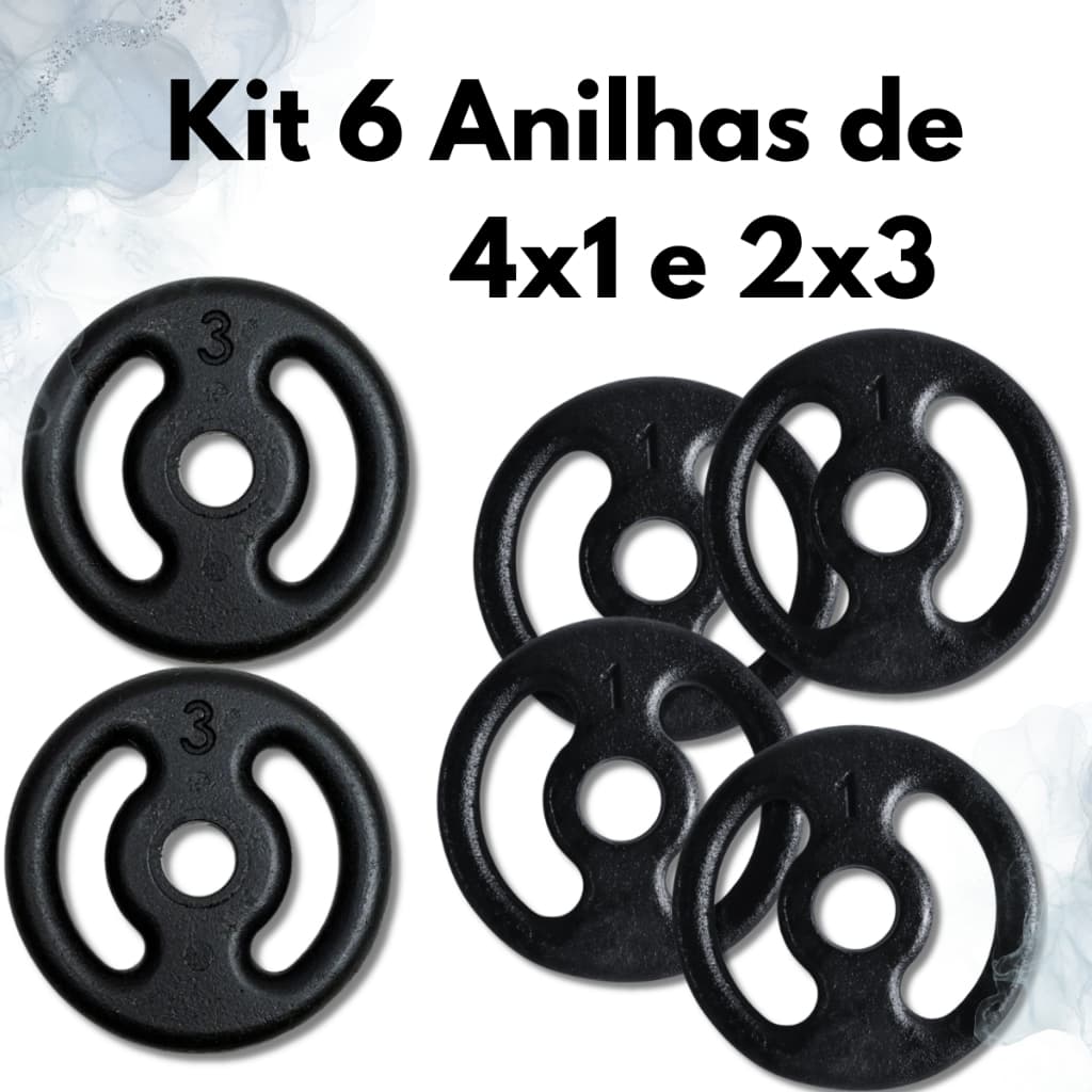 Kit 6 Anilhas 4x 1kg e 2x 3kg  Musculação Academia e Treino em Casa Resistentes e Duráveis