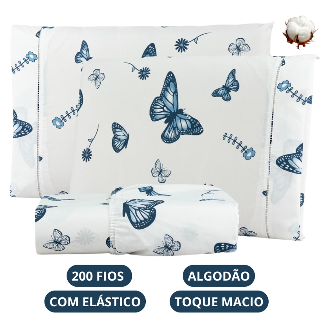Jogo de Lençol Borboleta Algodão 200 Fios Solteiro Casal Queen King Toque Macio C/ Elástico