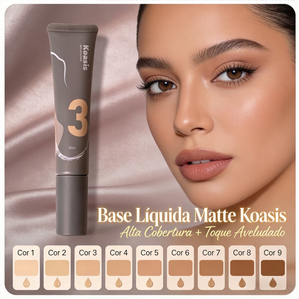 Base Líquida Matte Koasis 30ml  Alta Cobertura Acabamento Aveludado  Pigmentação Intensa e Toque Seco Perfeito