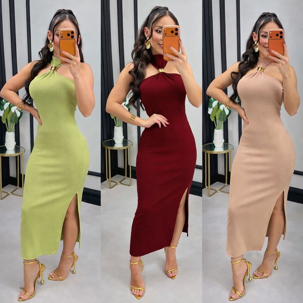 Vestido Midi Longo Casual Liso Feminino tubinho com Fenda Lateral Com Bojo