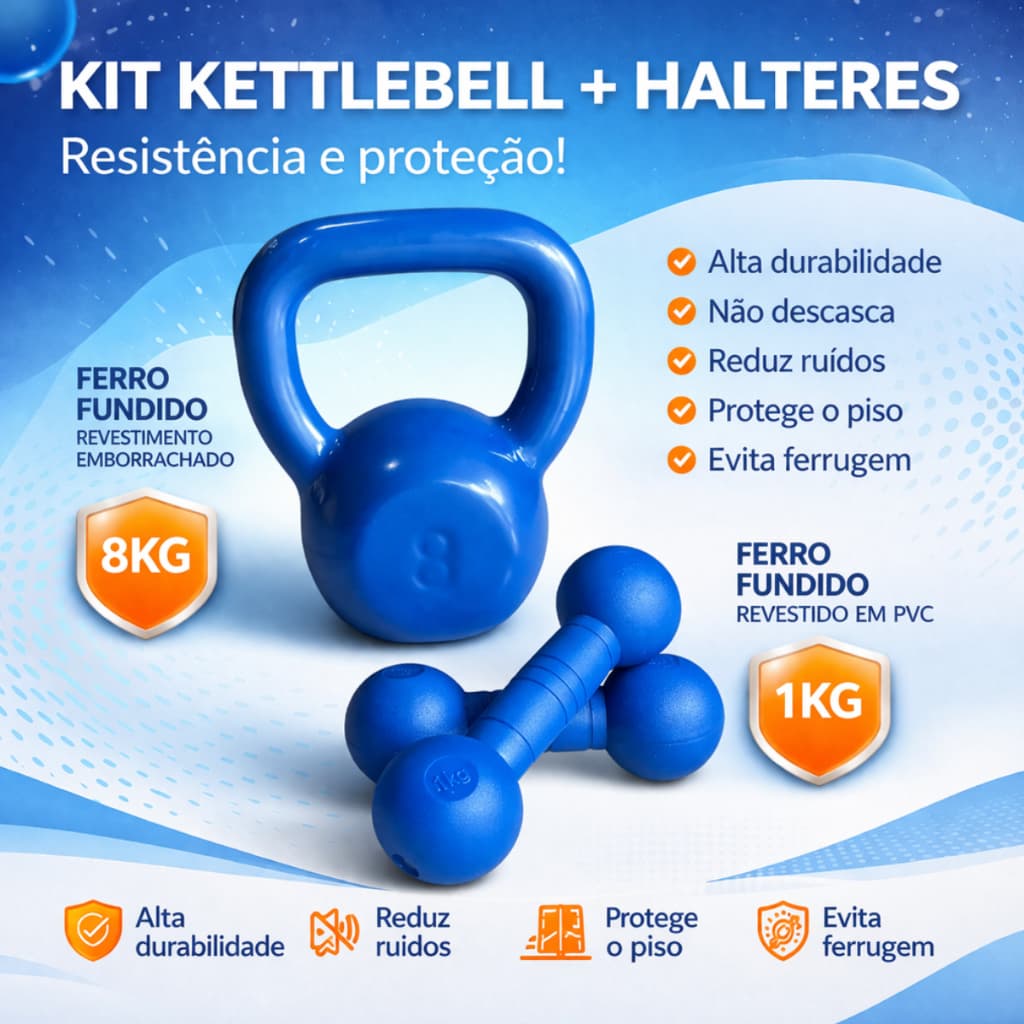 Kit Par Halter Bola Injetado 1kg + Kettlebell 8kg Emborrachado Azul Peso Academia Treino Musculação