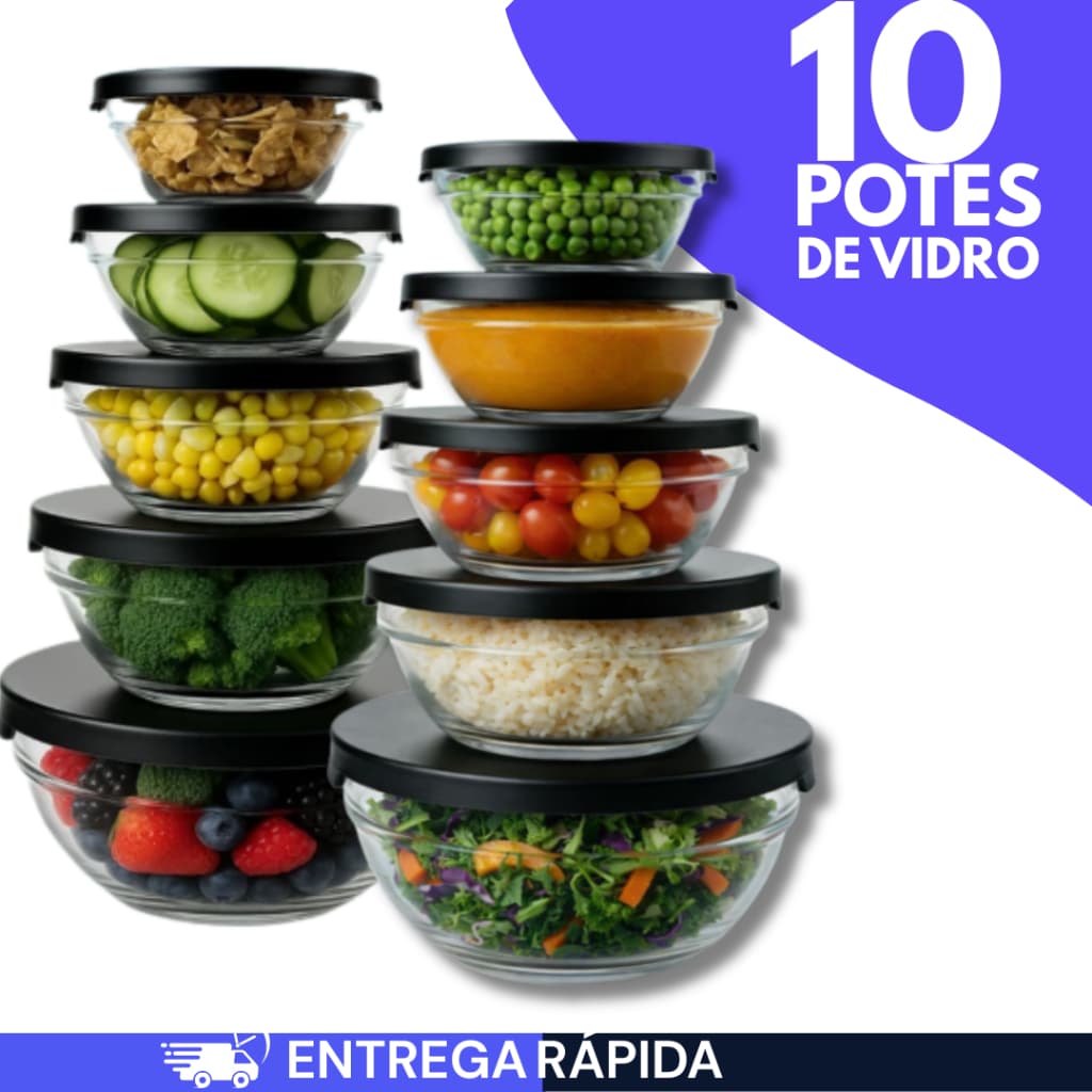 Conjunto 10 Potes Vidro Com Tampa Jogo De Vasilhas Tigelas Bowls Organizadores De Cozinha Multiuso