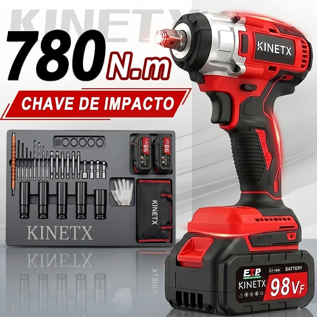 Chave de Impacto Profissional KINETX 780Nm Sem Fio Motor Sem Escovas - Kit 98V Completo com 2 Baterias Brocas e Soquete