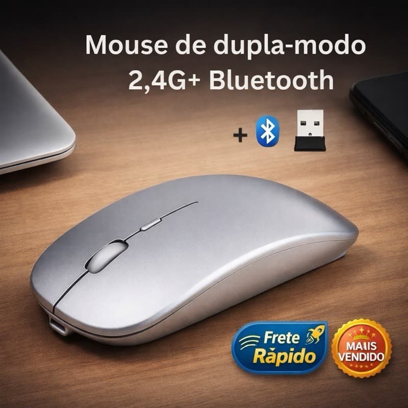 Mouse Sem Fio Bluetooth 5.1/USB2.4GHz Recarregável 1600DPI Silencioso Ergonômico para Notebook e PC