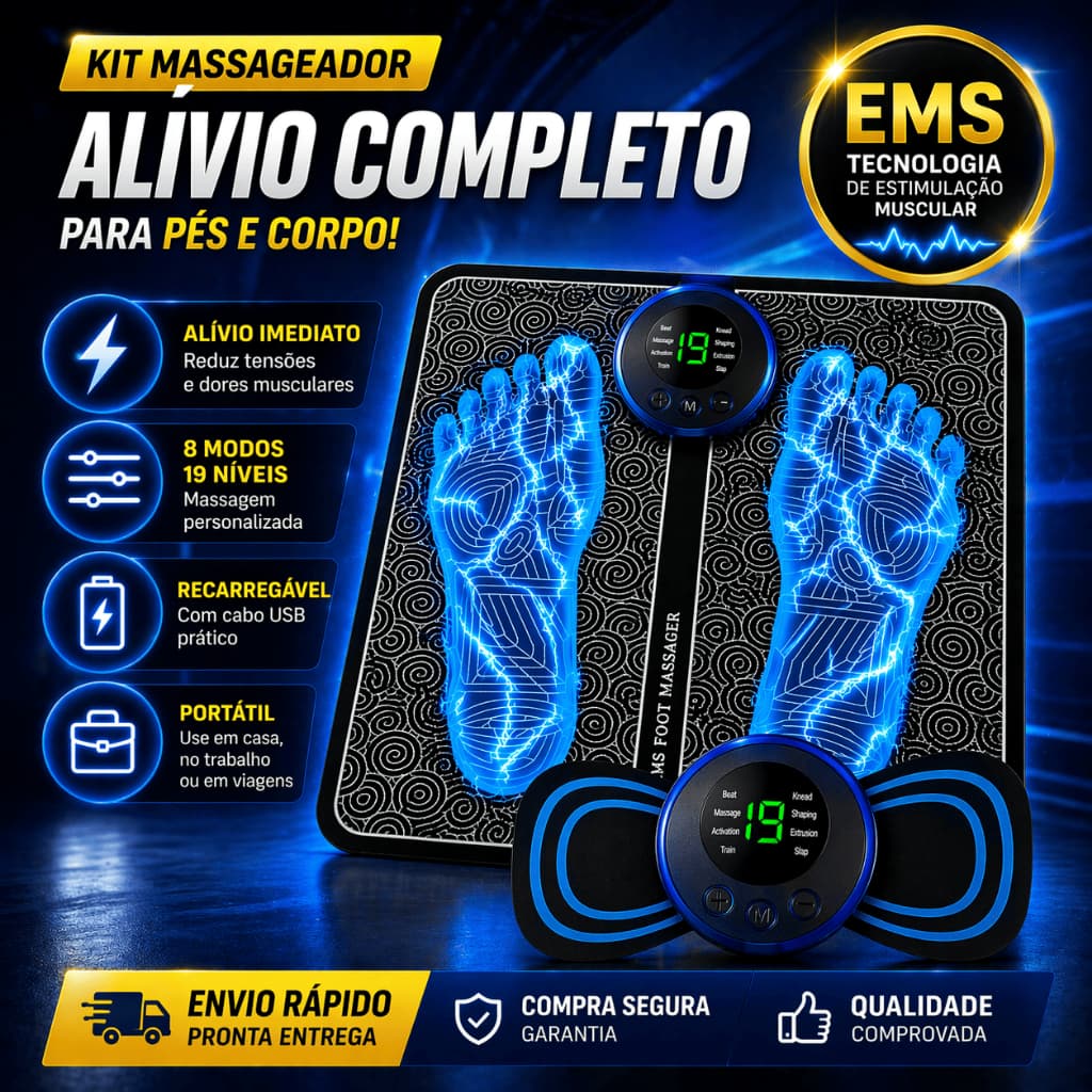 Massageador Elétrico Pés EMS + Tapete Massageador Portátil 19 Níveis USB Alívio Dor Muscular