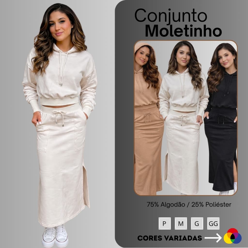 Conjunto Moletom Feminino 2 Peças Saia Midi e Blusa Manga Longa com Capuz Off White Preto Bege