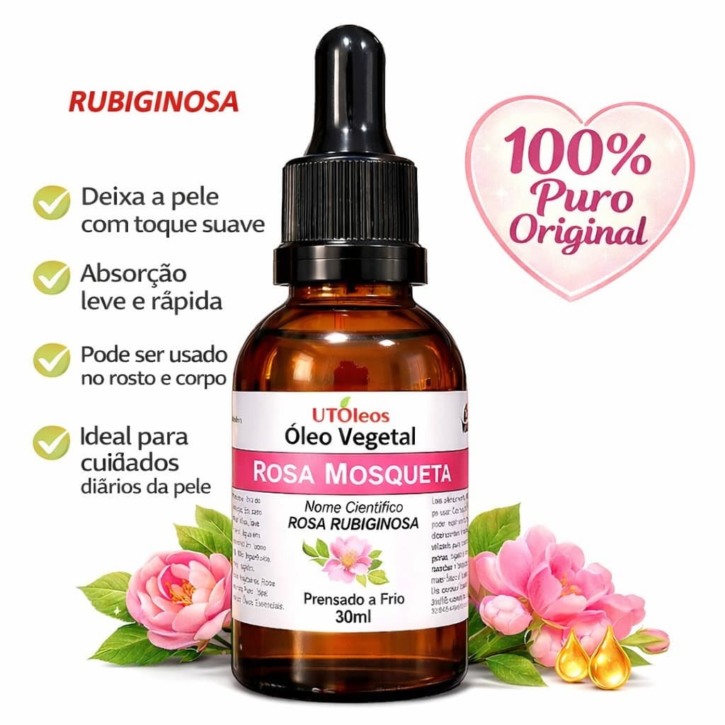 Óleo Rosa Mosqueta Rubiginosa 100% Puro Original 30ml Hidratante Facial Corporal Toque Suave Absorção Rápida Uso Diário