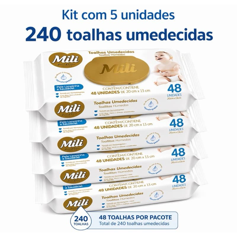 Kit 5 Lenços Umedecidos Mili 240 Unid Toalhas Umedecida Bebê