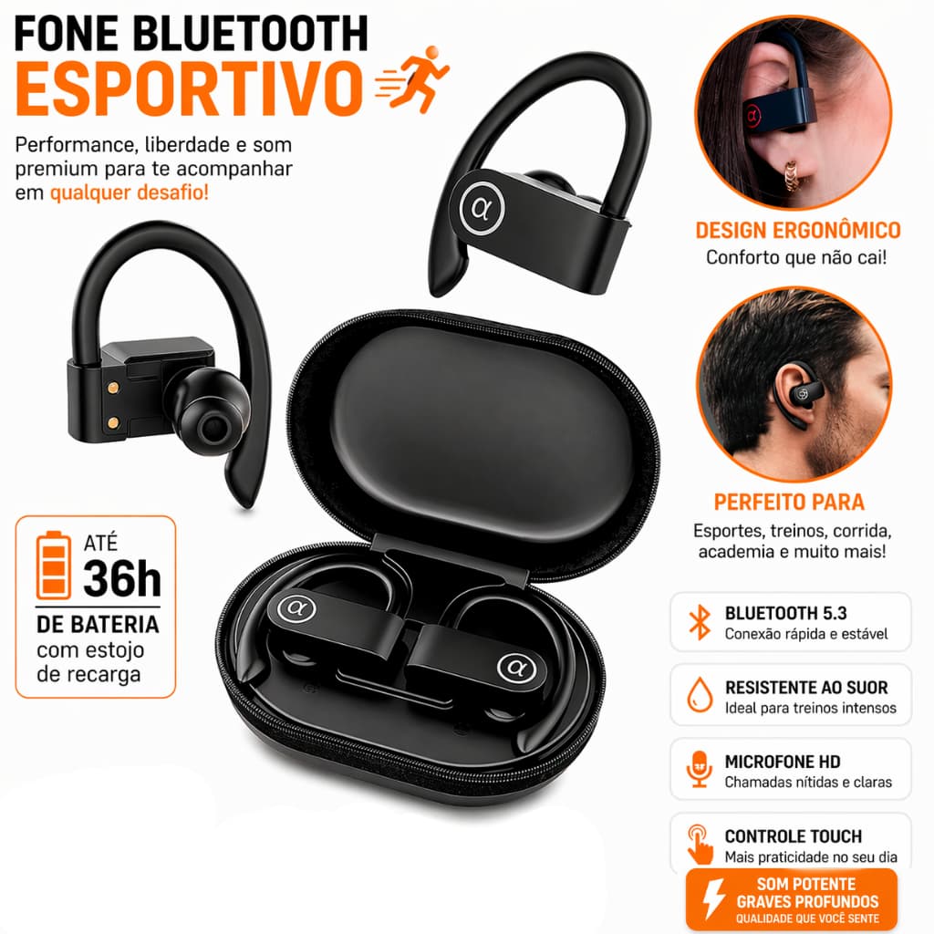 Fone De Ouvido Sem Fio Gancho Orelha Bluetooth 5.4 Som Imersivo para Treinos Viagens Academia Corridas IPX4 prova agua