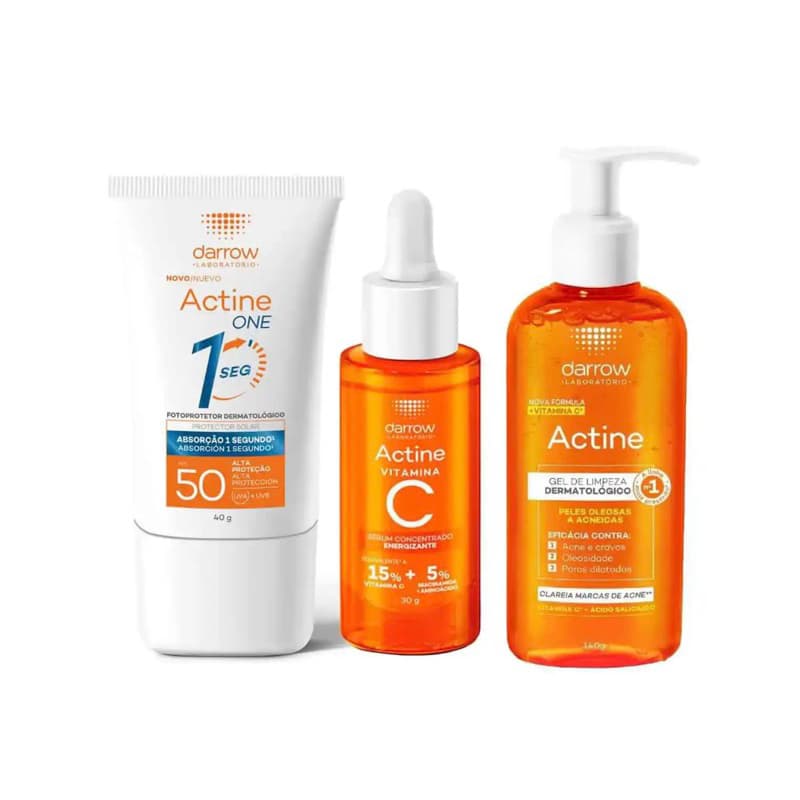 Kit Darrow Actine Gel de Limpeza 140g + Sérum Concentrado Vitamina C 30g + Protetor Solar Facial One FPS 50 Sem Cor 40g
