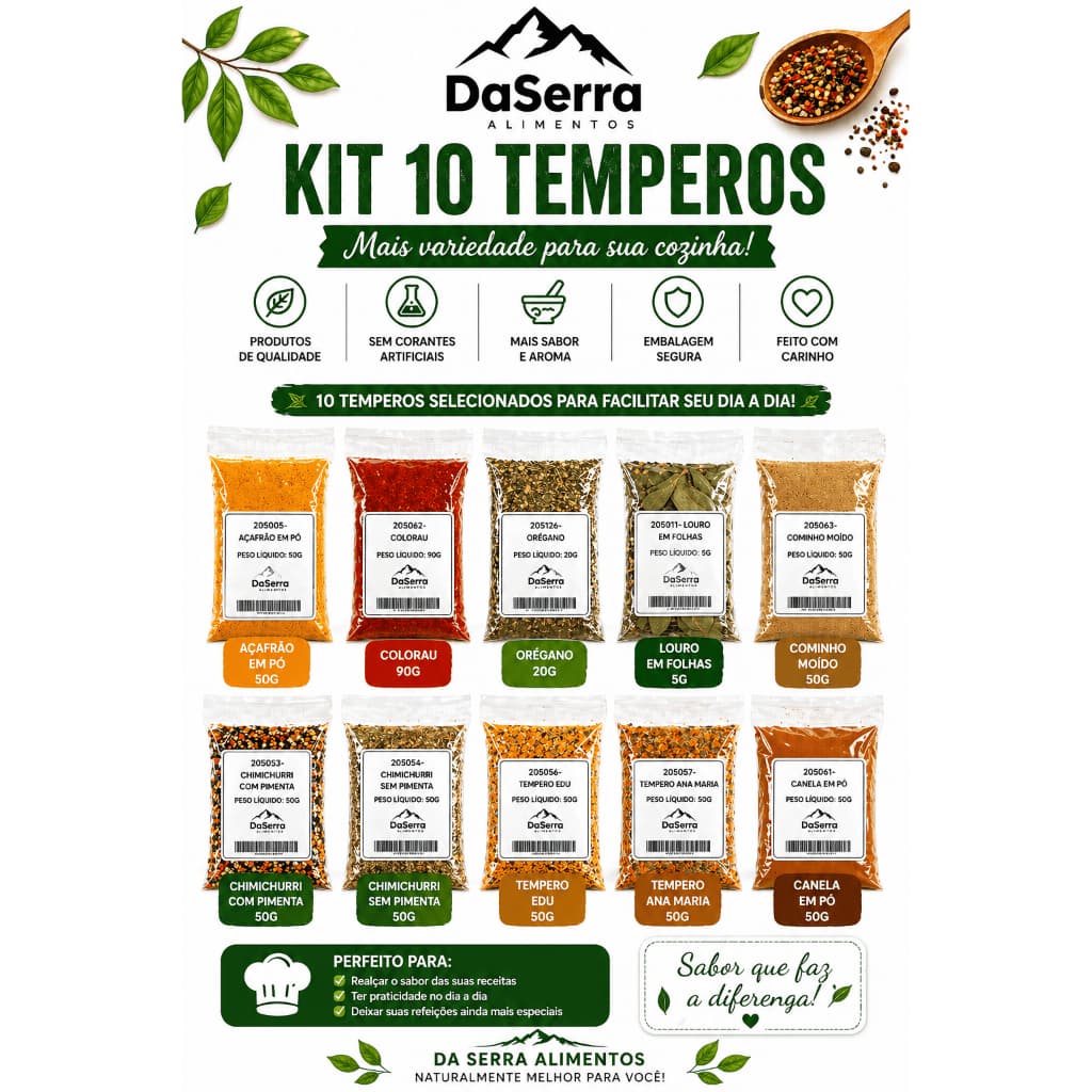 Kit com 10 Temperos e Condimentos Naturais em Sachês Sem conservantes Envio Rápido
