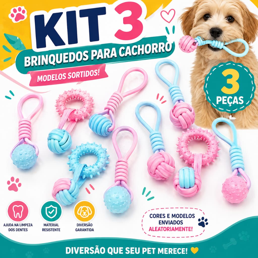Kit 3 Brinquedos para Cachorro Mordedor Pet Limpeza Dental Interativo Filhote
