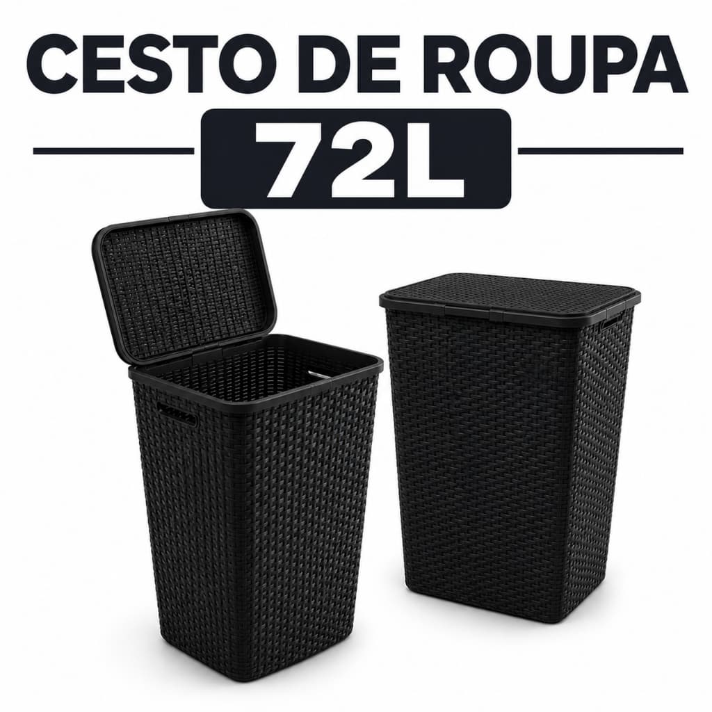 Cesto Roupa Suja 72L Rattan Grande com Tampa Organizador Lavanderia Banheiro Quarto Plástico Resistente Família