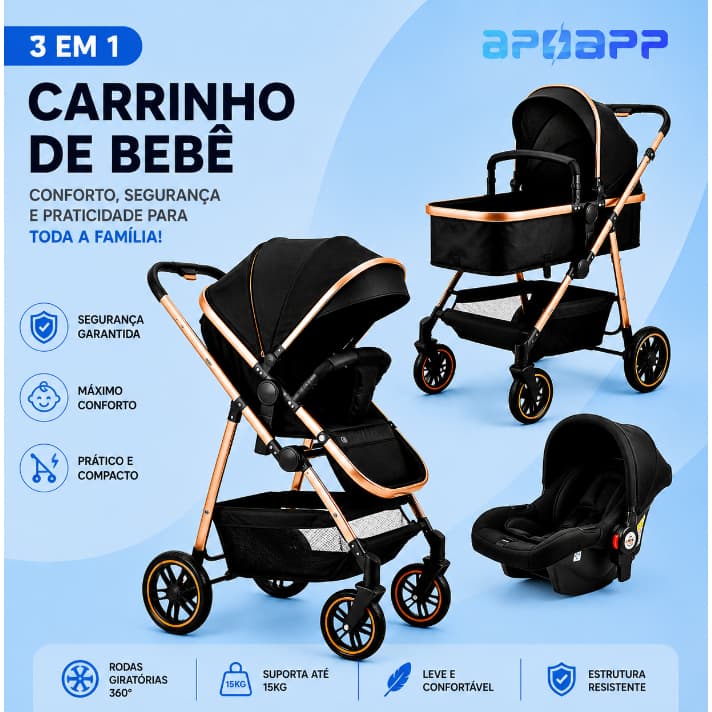 Carrinho De Bebê Completo 3 EM 1 Apoapp Com Moisés e Bebe Conforto - Modelo Europeu Luxo