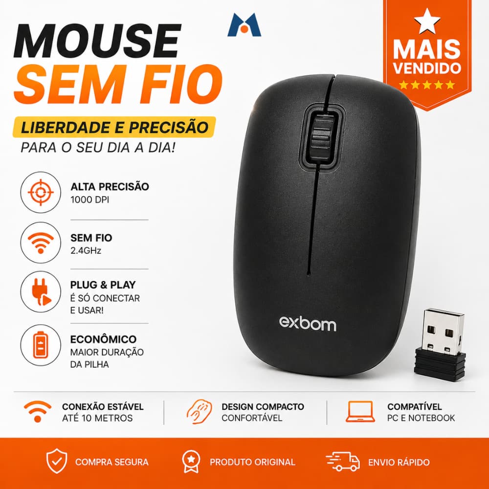 Mouse Óptico 3D Sem fio Para Escritório Notebook Pc Original