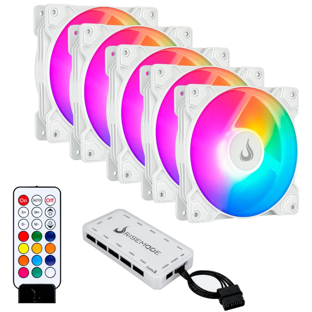Kit 5 Fans Cooler Ventoinhas Pc Gamer Rise Mode Z White Argb C/ Controladora Hub Branco