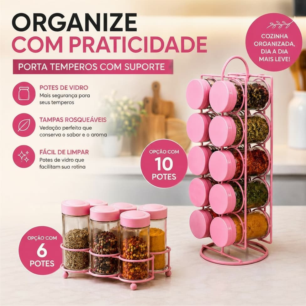 Porta Tempero Vidro com 6 ou 10 Potes com Suporte para Cozinha Rosa Decoração Porta Condimentos