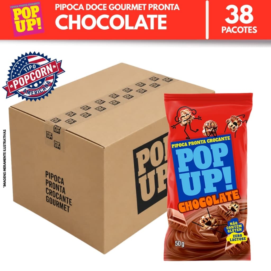 Caixa com 38x Pipoca Doce Gourmet Pronta Pop Up Chocolate 50g Atacado Snack Zero Lactose Saudável