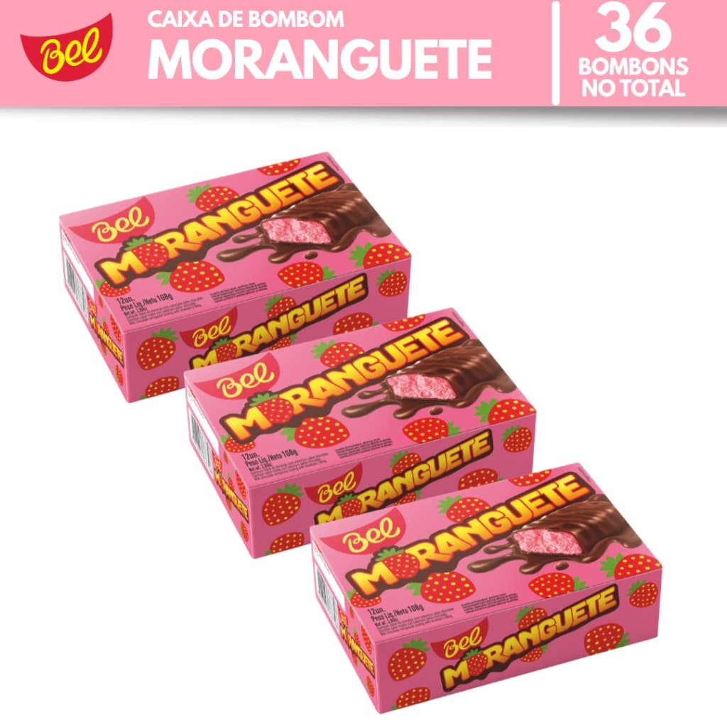 Kit 3x Caixas Bombom Moranguete com 12un de 9g Bel Sabor Morango com Cobertura Sabor Chocolate