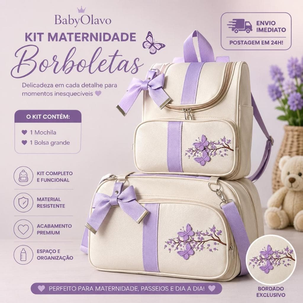Bolsa Maternidade Kit 2 Peças Bebê Grande Impermeável Enxoval Mamãe-Lilás Galho Menina