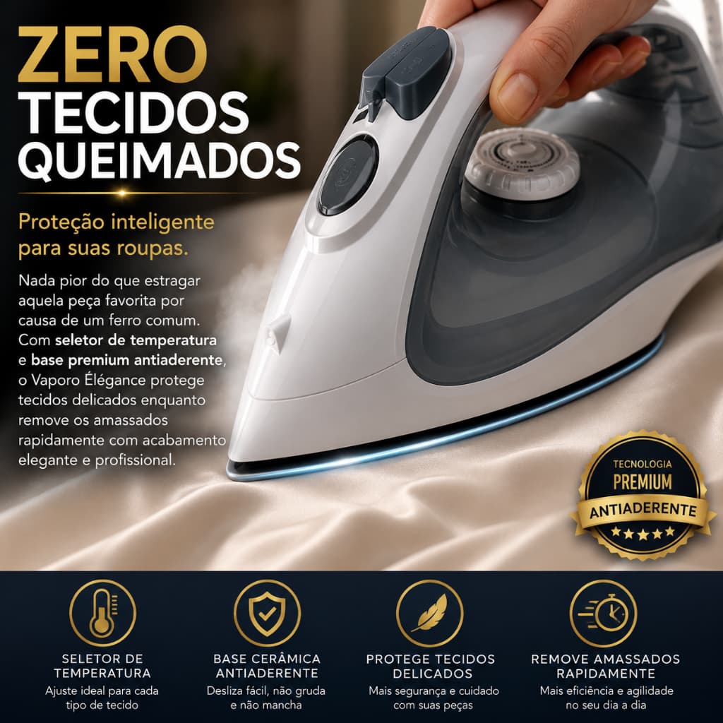 Ferro de Passar a Vapor Vaporo Élégance 127V ou 220V Base Cerâmica Antiaderente Leve e Potente